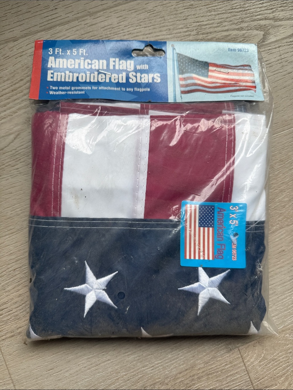 New in original packaging 3 ft x 5 ft American flag with embroidered stars.